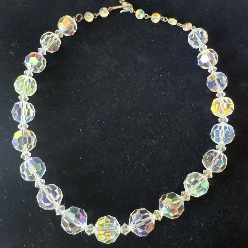 Vtg Crystal Necklace Aurora Borealis‎ Adjustable 3 1/4” Beads 16” Collectible